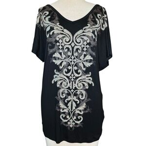 Women’s 2000s Bling Rhinestone Graphic Grunge Black Lace Tee Sz L